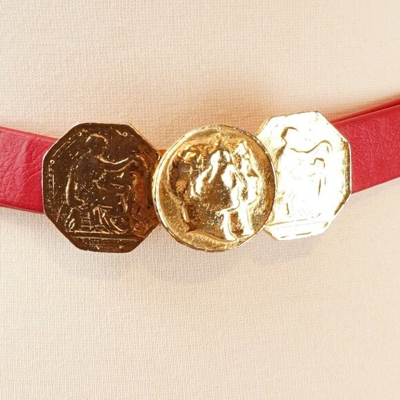 Vintage Red Belt Gold Tone Coin Buckle Adjustable Size S/M - Picture 2 of 5